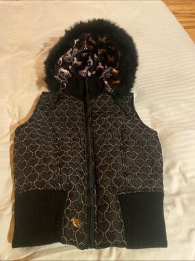 Betsey Johnson Black Quilted Heart-Pattern Vest with Faux Fur-Trim Hood